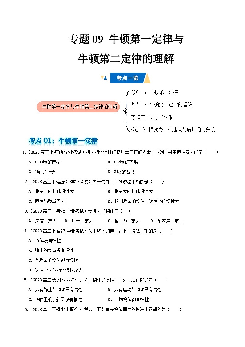 专题09 牛顿第一定律与牛顿第二定律的理解 备战2025年高中学业水平合格考物理真题分类汇编（全国通用）原卷版第1页