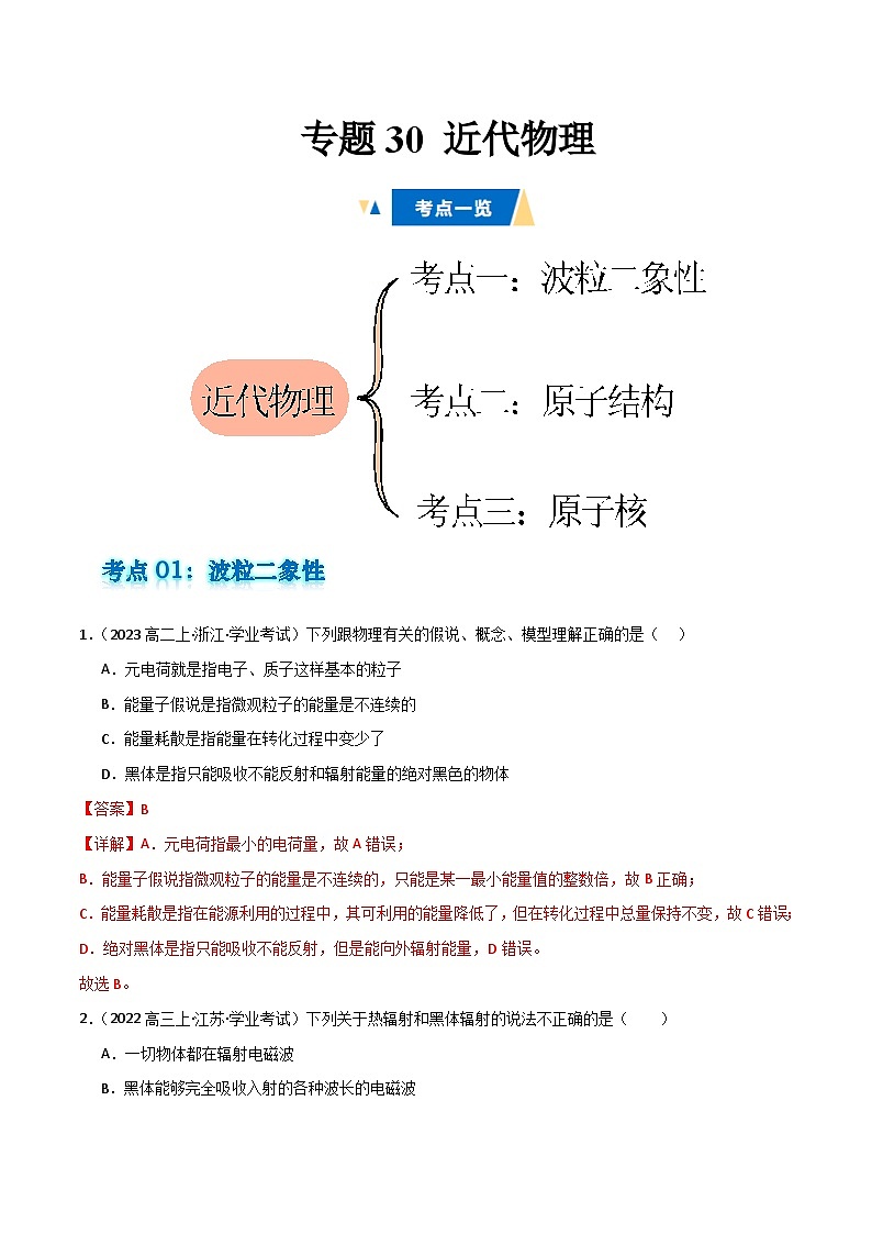 专题30 近代物理备战2025年高中学业水平合格考物理真题分类汇编（全国通用）解析版第1页