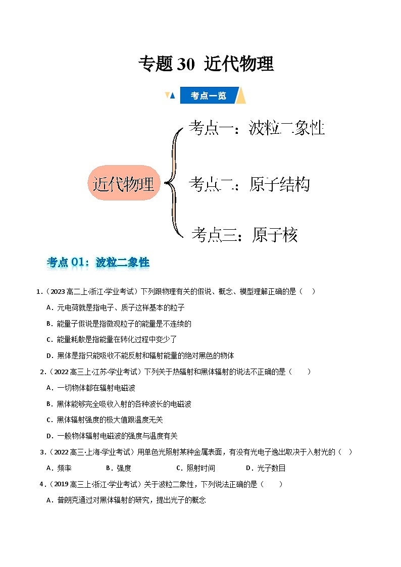 专题30 近代物理备战2025年高中学业水平合格考物理真题分类汇编（全国通用）原卷版第1页