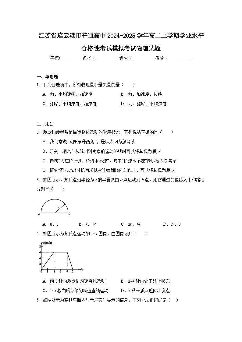 江苏省连云港市普通高中2024-2025学年高二上学期学业水平合格性考试模拟考试物理试题第1页