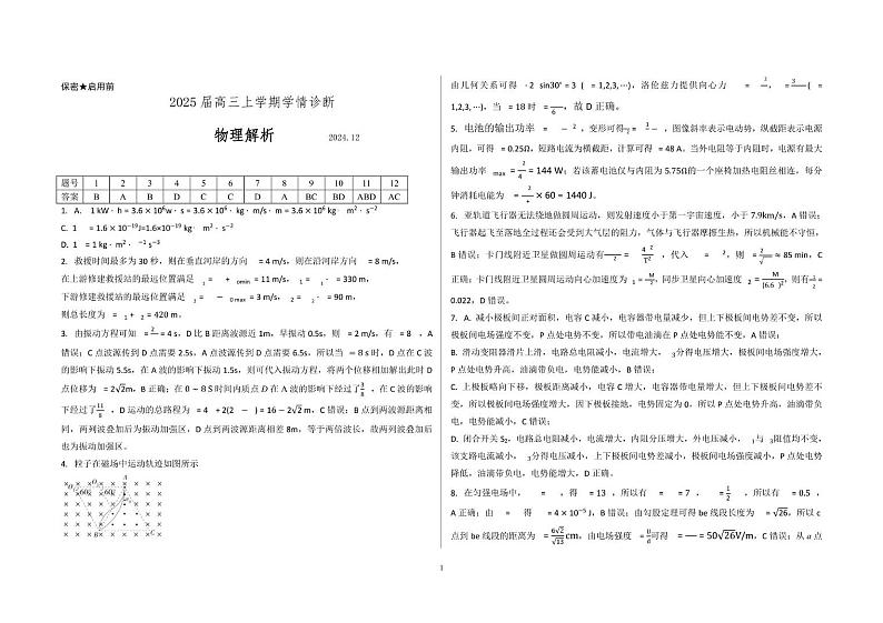 2025届山东百校大联考高三上学期12月月考物理解析第1页