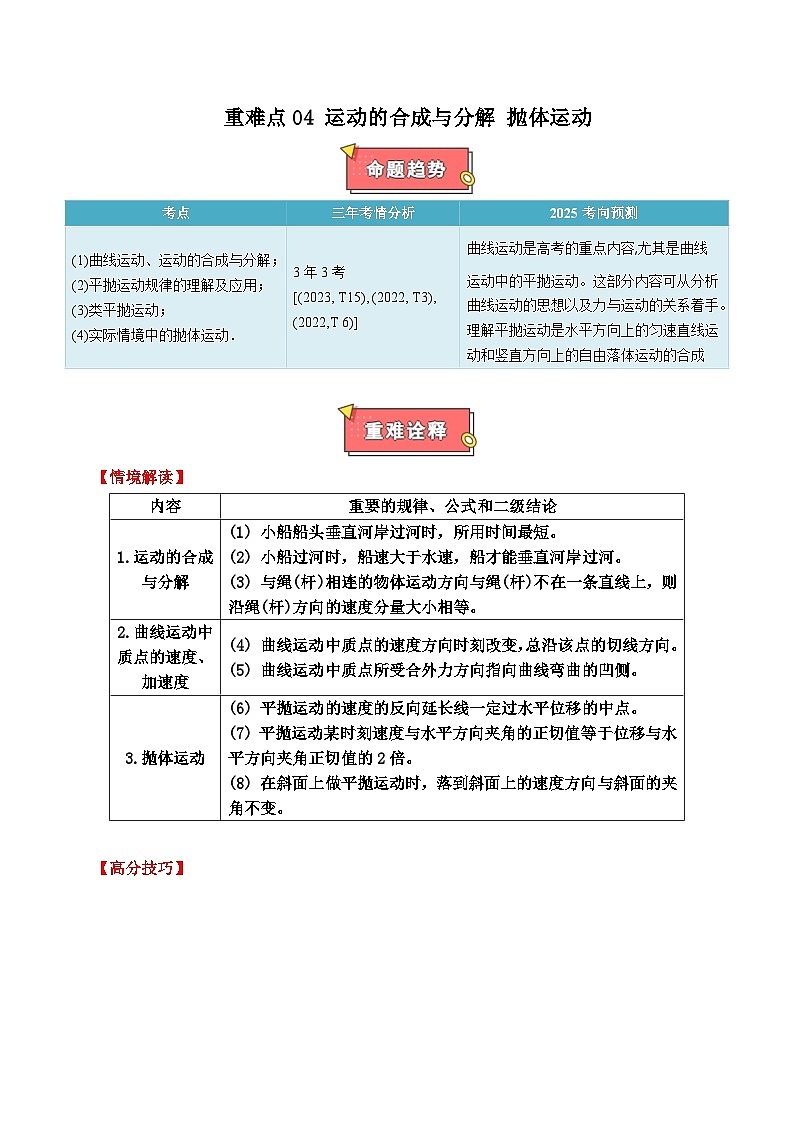 重难点04 运动的合成与分解 抛体运动-2025年高考物理 热点 重点 难点 专练（广东专用）（原卷版）第1页