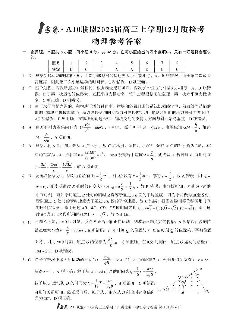 1号卷·A10联盟2025届高三上学期12月质检考物理答案第1页