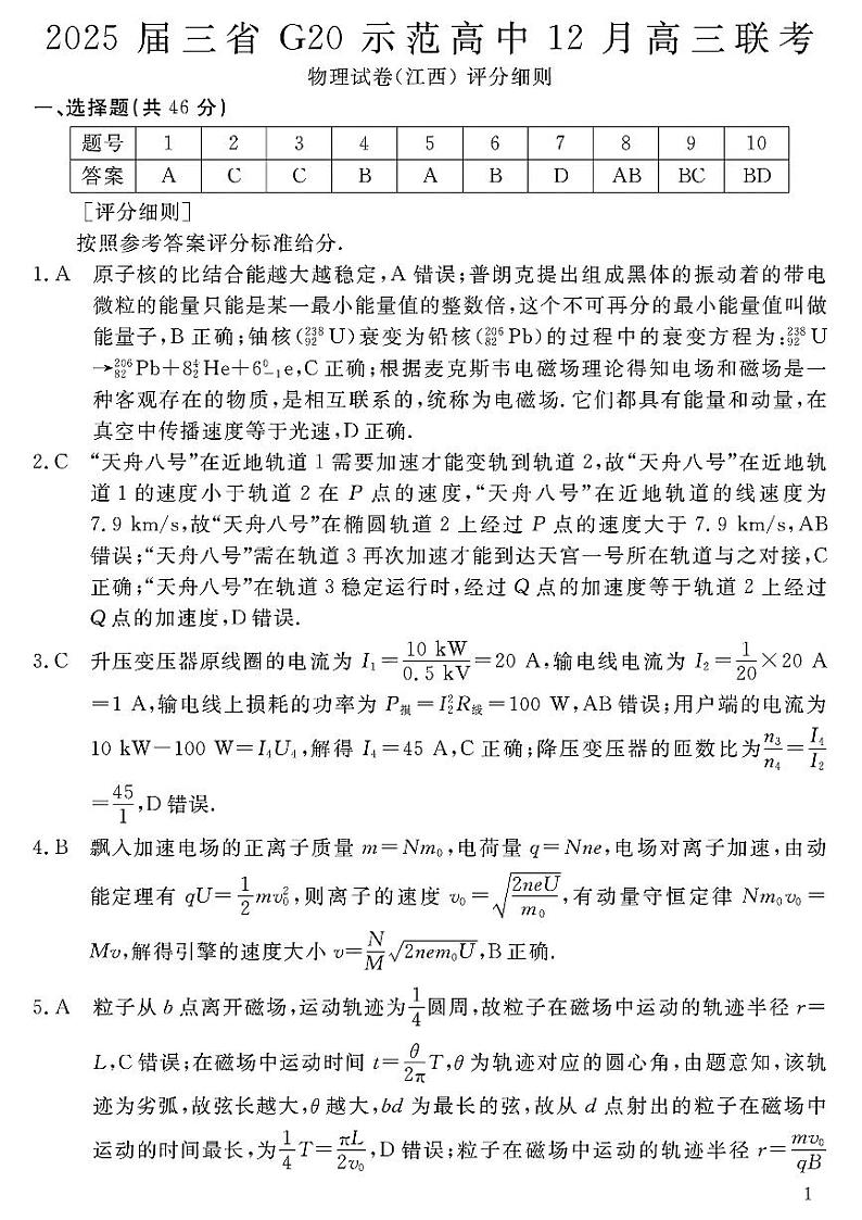 2025届三省G20示范高中12月高三联考物理答案第1页