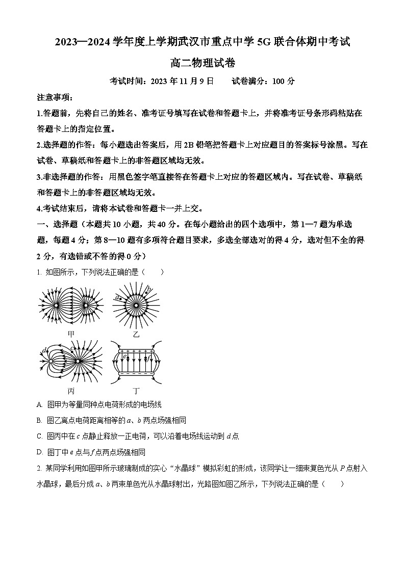 湖北省武汉市重点中学5G联合体2023-2024学年高二上学期期中物理试题（原卷版）第1页