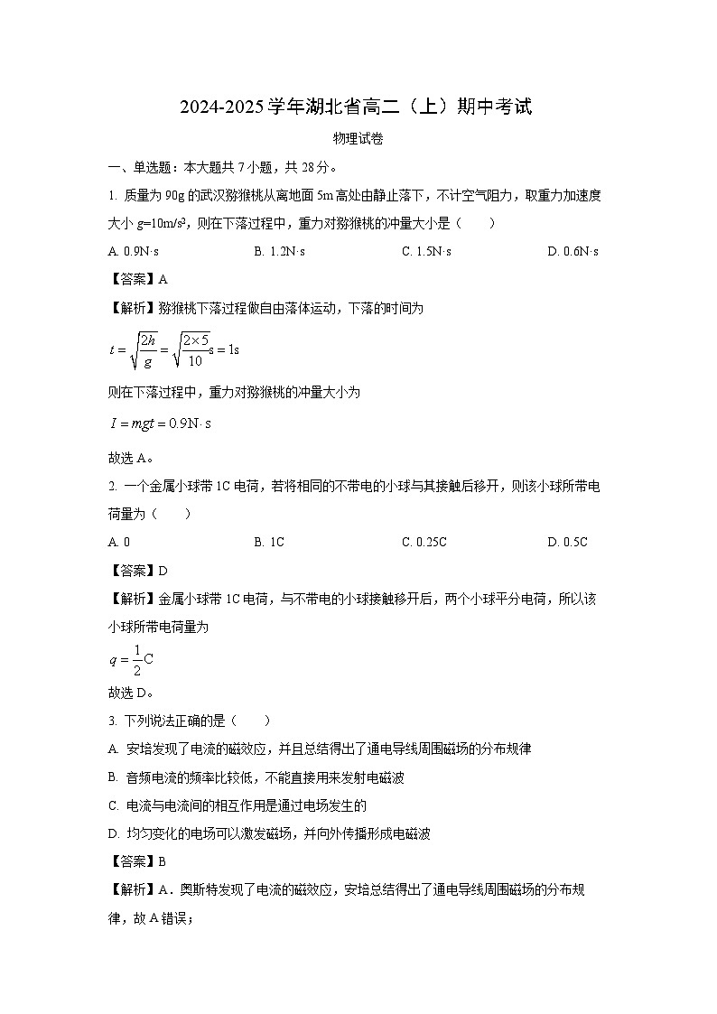 湖北省2024-2025学年高二(上)期中联考物理试卷（解析版）第1页