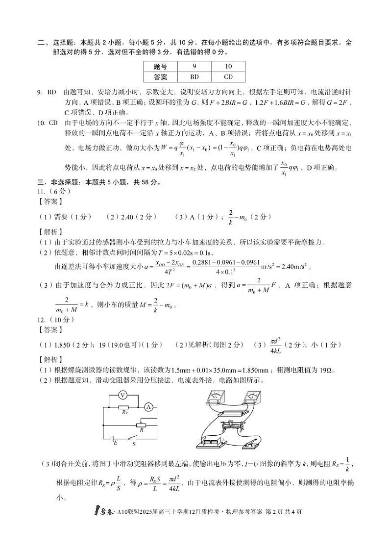 1号卷·A10联盟2025届高三上学期12月质检考物理答案第2页