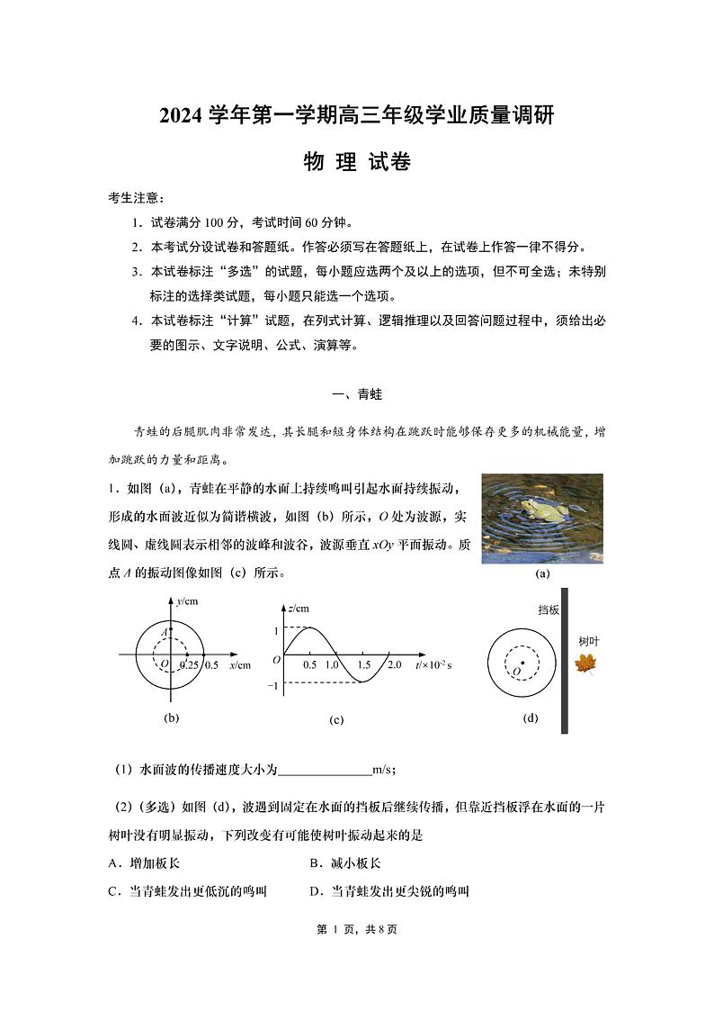 上海市闵行区一模2024-2025届高三学业质量调研物理试题及答案第1页