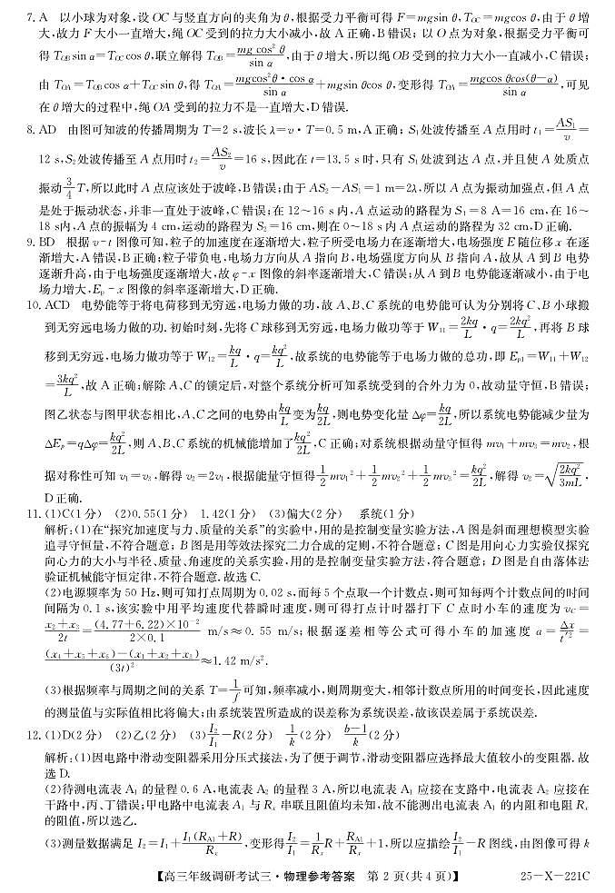 25 届高三年级 TOP二十名校调研考试三物理答案第2页
