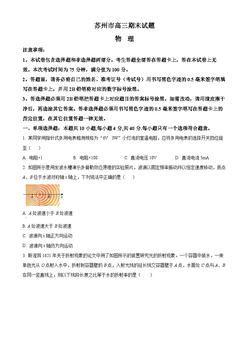 精品解析：江苏省苏州市2022-2023学年高三上学期期末物理试题（原卷版）第1页