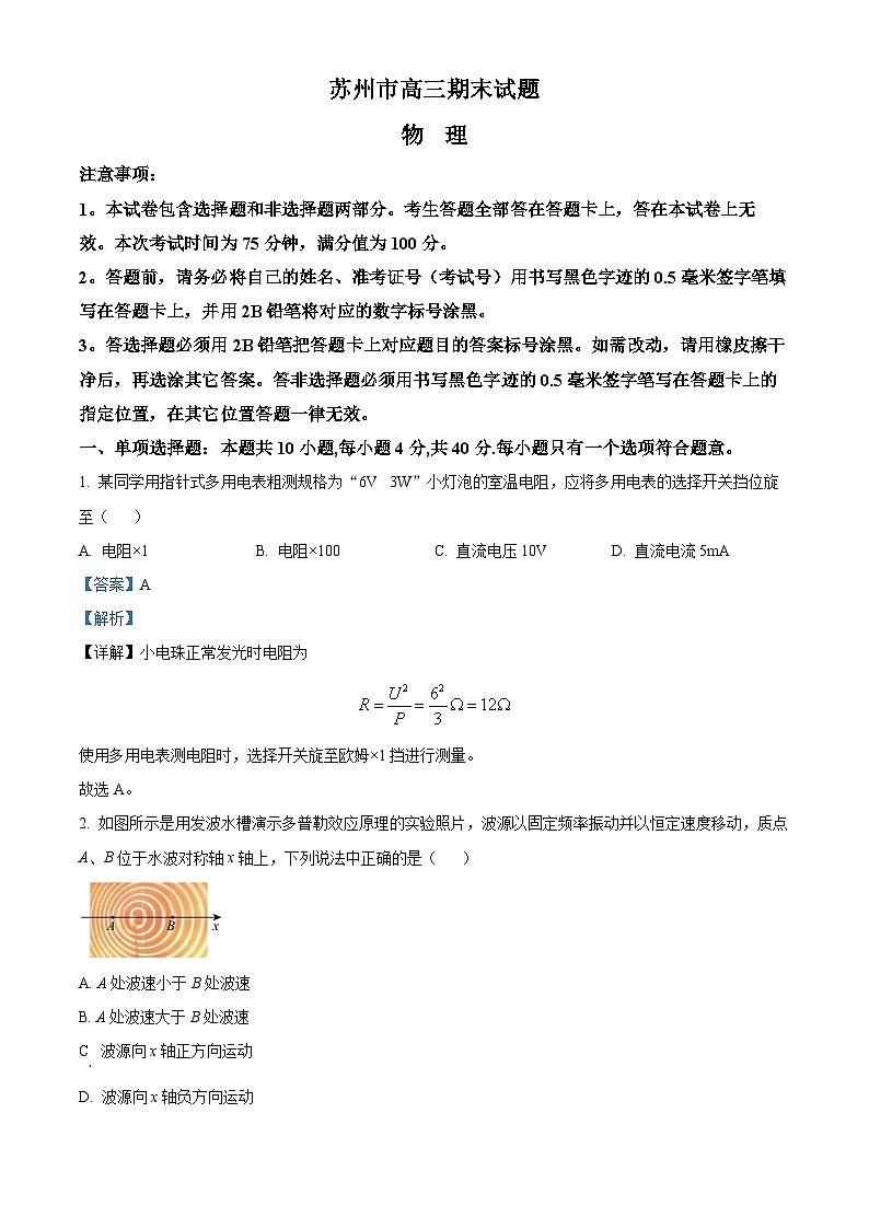 精品解析：江苏省苏州市2022-2023学年高三上学期期末物理试题（解析版）第1页