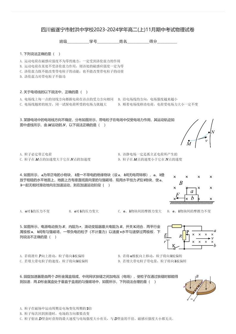 四川省遂宁市射洪中学校2023-2024学年高二(上)11月期中考试物理试卷(含解析)第1页