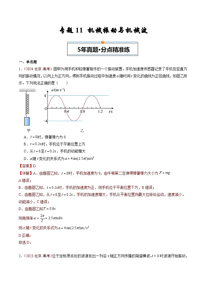 专题11 机械振动与机械波-5年（2020年-2024年）高考1年模拟物理真题分项汇编（解析版）第1页