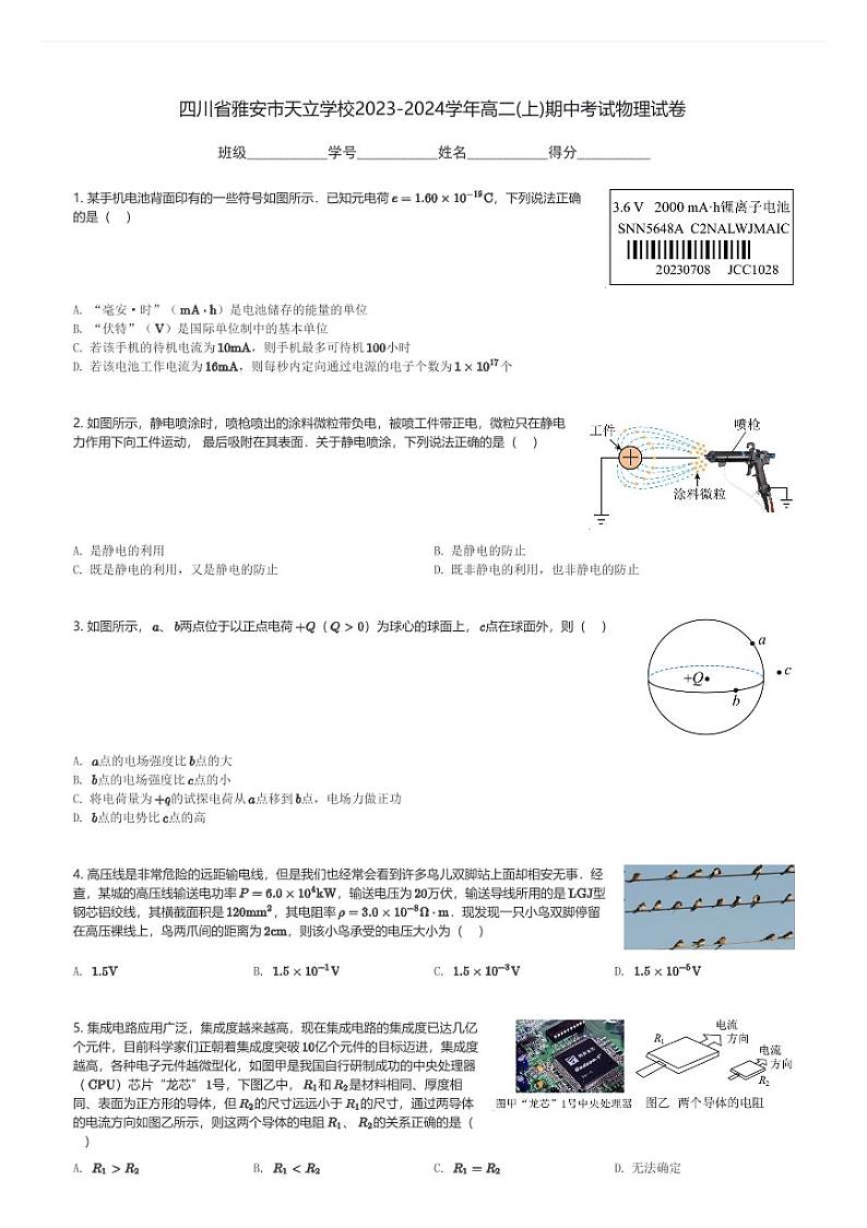 四川省雅安市天立学校2023-2024学年高二(上)期中考试物理试卷(含解析)第1页