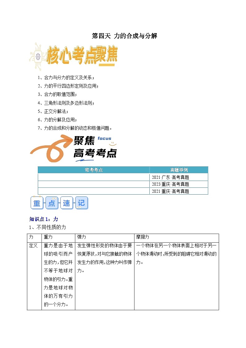 【寒假衔接讲义】人教版（2019）必修一 高中物理 高一寒假 第4讲 力的合成与分解（原卷版）第1页