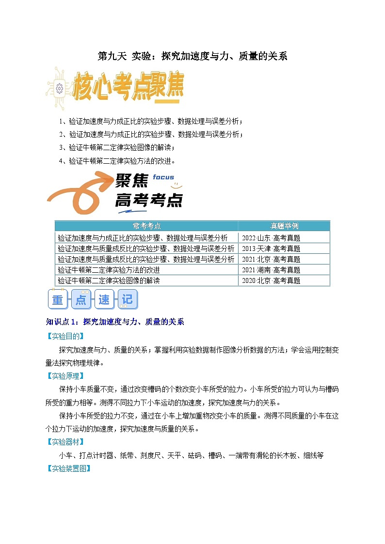 【寒假衔接讲义】人教版（2019）必修一 高中物理 高一寒假 第9讲 实验：探究加速度与力、质量的关系（解析版）第1页