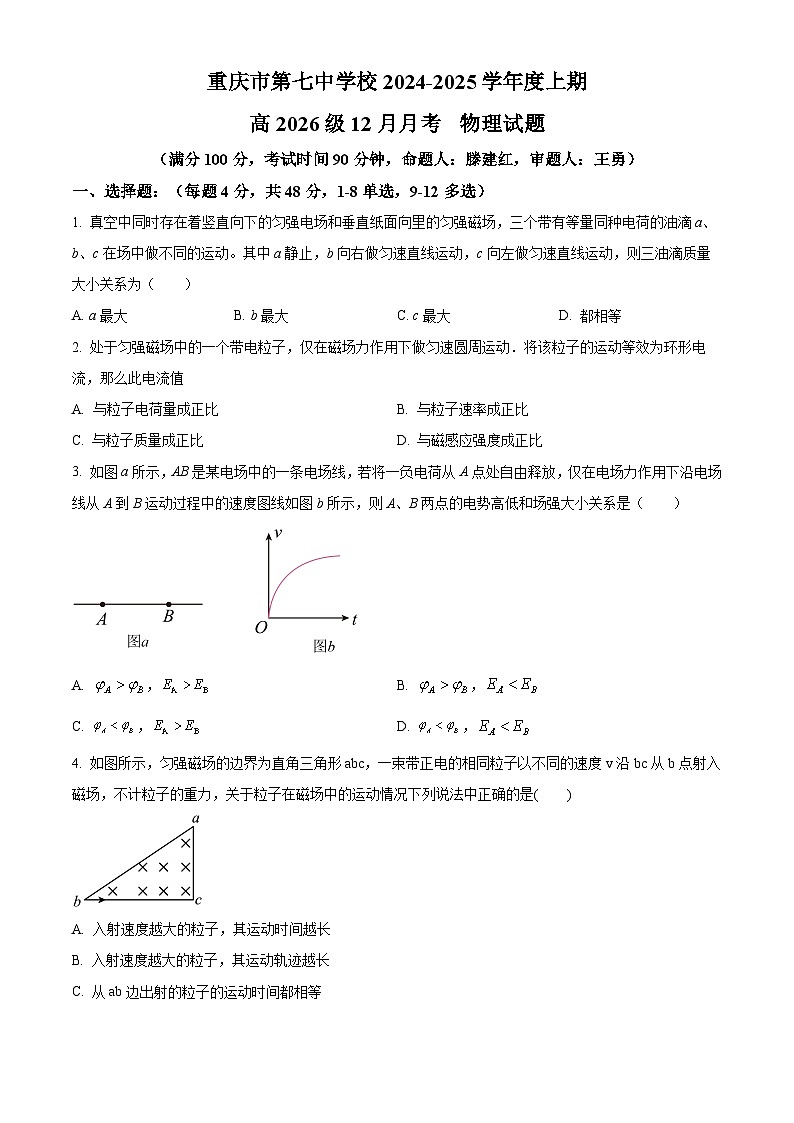 重庆市第七中学2024-2025学年高二上学期12月月考物理试卷 Word版无答案第1页