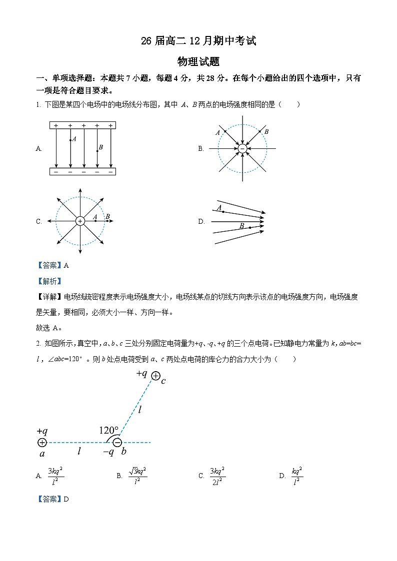 四川省眉山中学2024-2025学年高二上学期12月期中物理试题 Word版含解析第1页