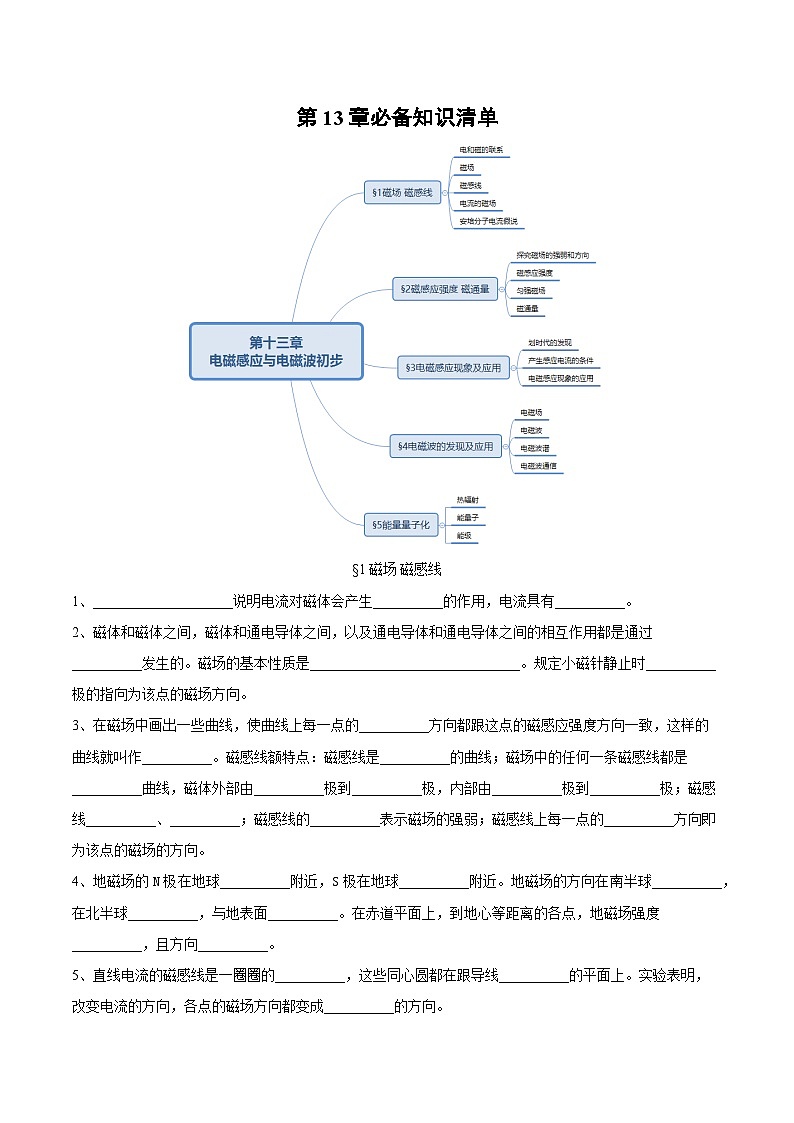 人教版（2019）高中物理必修第三册第十三章 电磁感应与电磁波初步 单元知识清单（原卷）第1页