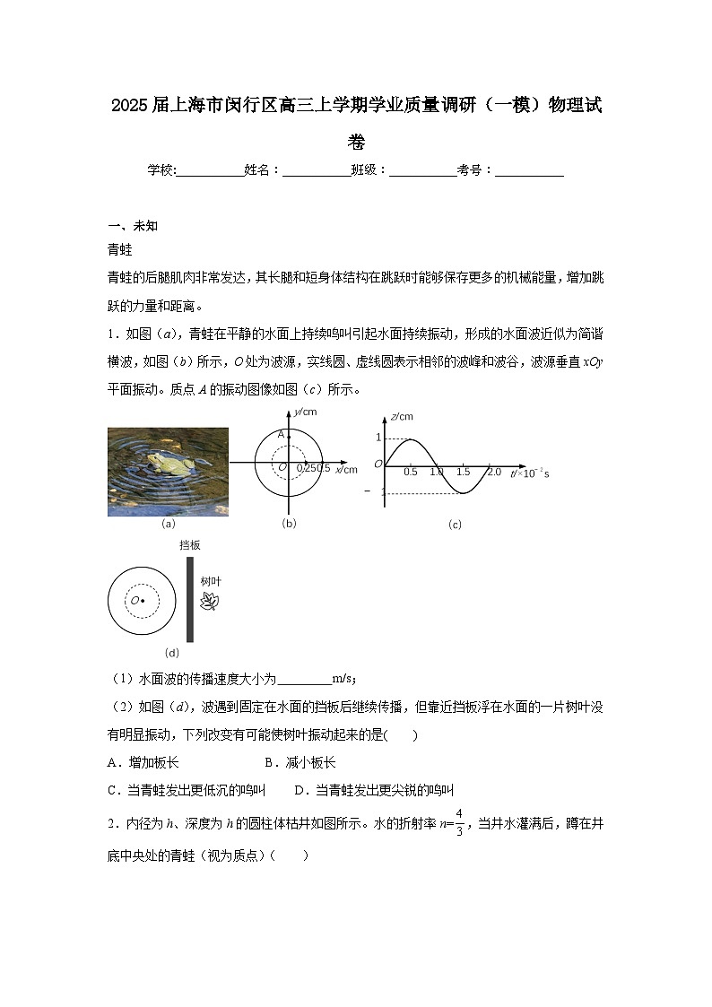 2025届上海市闵行区高三上学期学业质量调研（一模）物理试卷第1页