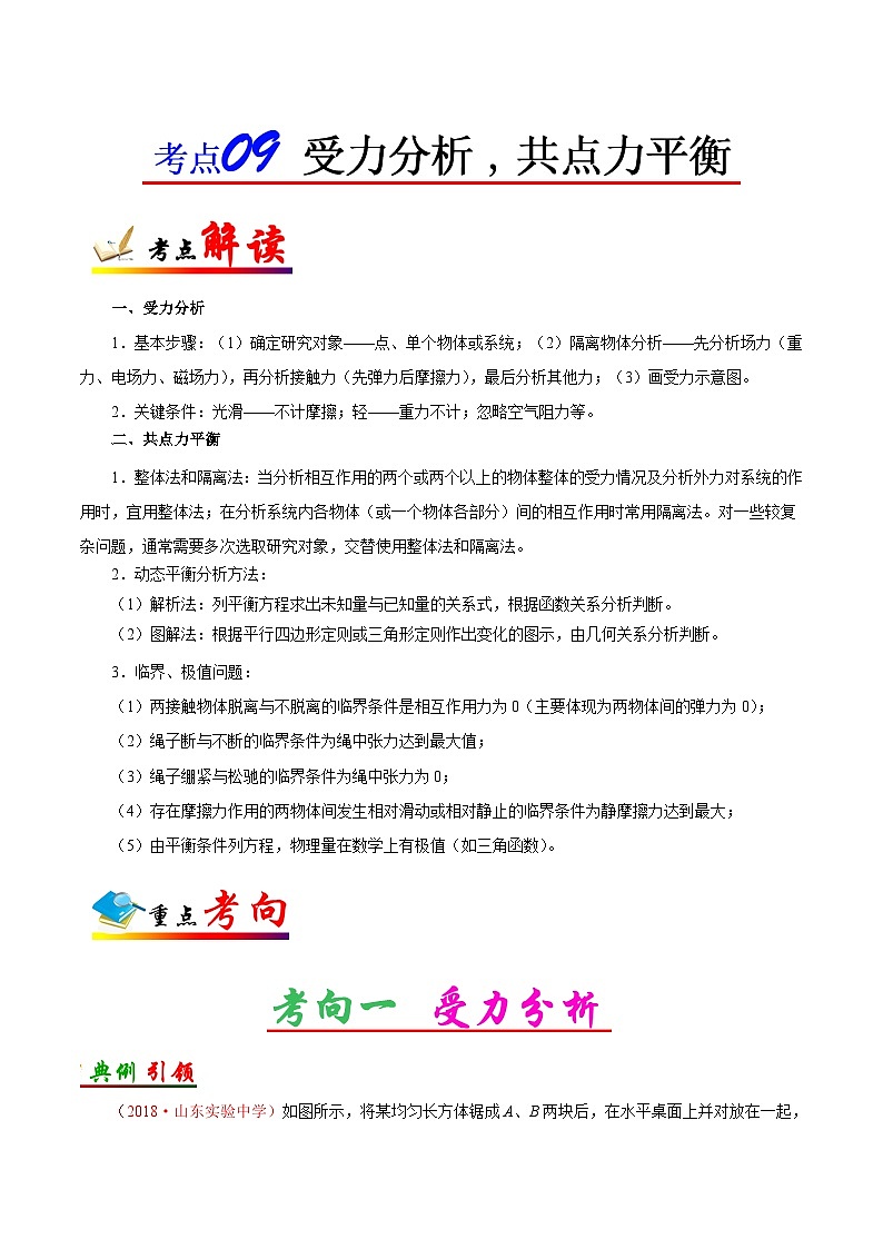 备战2025年高考物理考点一遍过学案考点09 受力分析，共点力平衡第1页