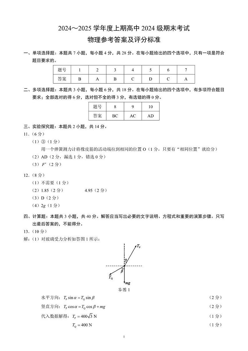 2024～2025学年度上期高中2024级期末考试物理参考答案及评分标准第1页