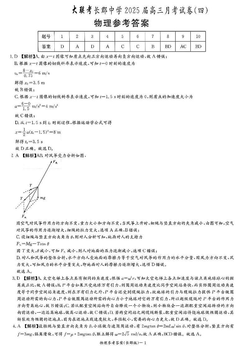 长郡月考四物理参考答案第1页