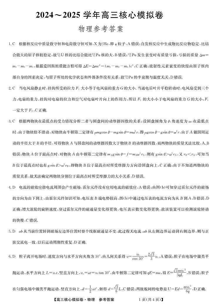 湖北省黄冈市黄梅县育才高级中学2024-2025学年高三核心模拟预测物理答案第1页