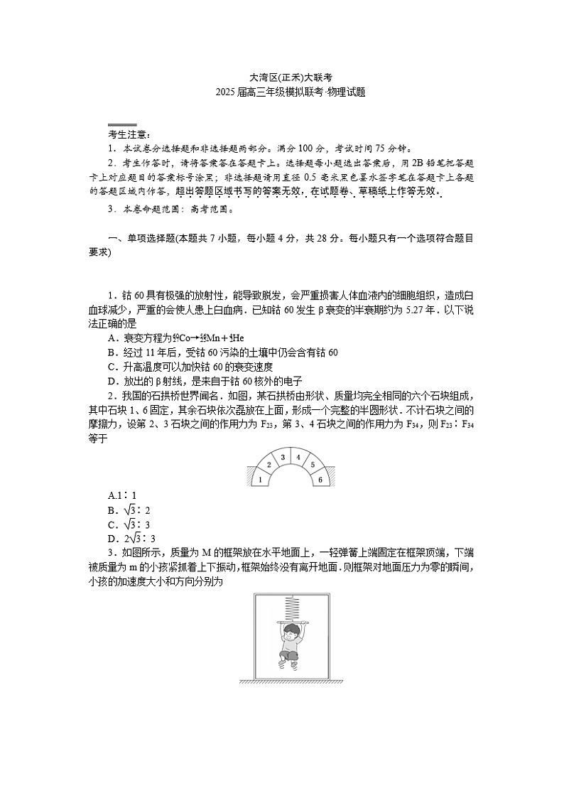 2025届广东省惠州市大湾区（正禾）高三（上）大联考物理试卷第1页