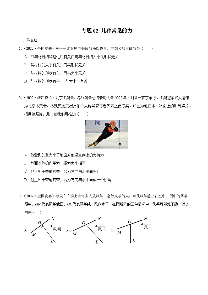 专题02 几种常见的力（竞赛精练）-2024-2025学年高中物理竞赛能力培优专练（高一上学期）（原卷版）第1页