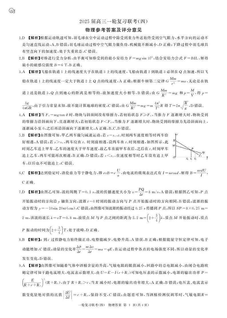 百师联盟2025届高三一轮复习联考（四）物理答案（百J）第1页