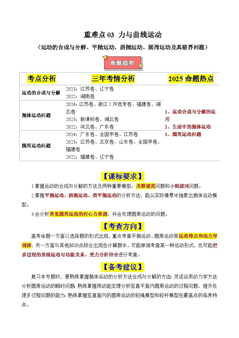 重难点03 力与曲线运动（运动的合成与分解、平抛运动、斜抛运动、圆周运动及其临界问题）-2025年高考物理 热点 重点 难点 专练（新高考通用）（原卷版）第1页