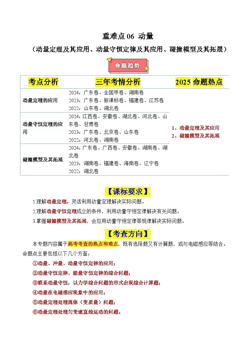 重难点06 动量（动量定理及其应用、动量守恒定律及其应用、碰撞模型及其拓展）-2025年高考物理 热点 重点 难点 专练（新高考通用）（解析版）第1页
