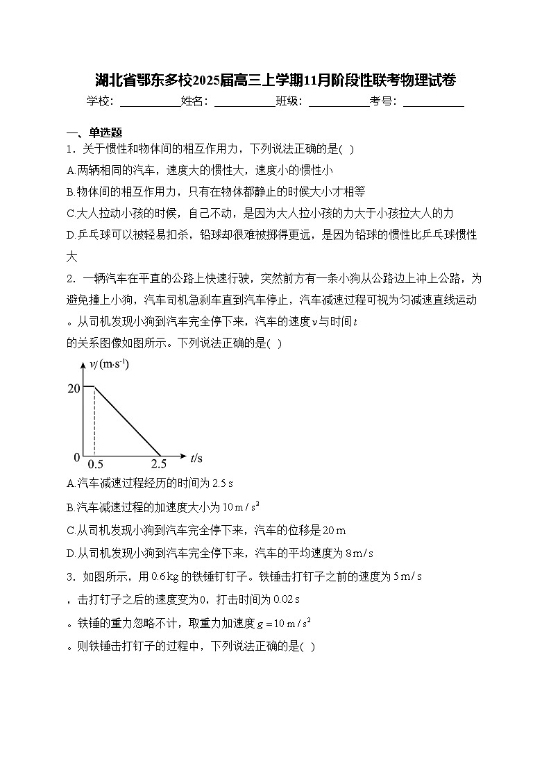 湖北省鄂东多校2025届高三上学期11月阶段性联考物理试卷(含答案)第1页