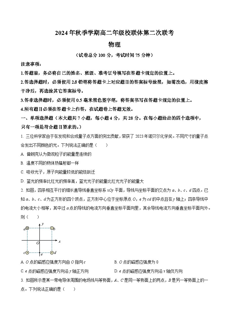广西壮族自治区河池市十校协作体2024-2025学年高二上学期12月月考物理试题  Word版无答案第1页