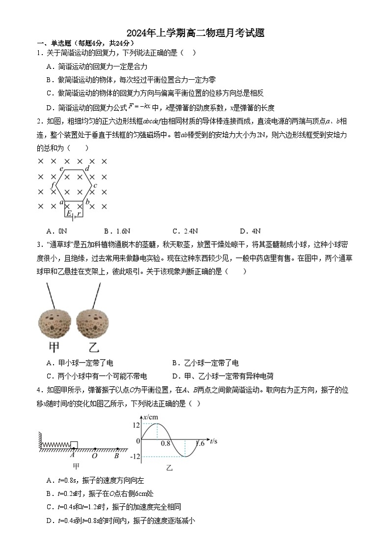 湖南省岳阳市汨罗市第一中学2024-2025学年高二上学期12月月考物理试卷（Word版附答案）第1页