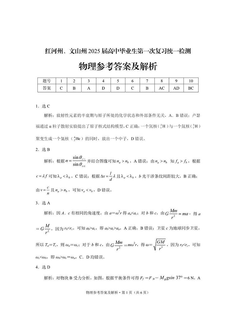 云南省红河州、文山州2025届高中毕业生第一次复习统一检测物理答案第1页