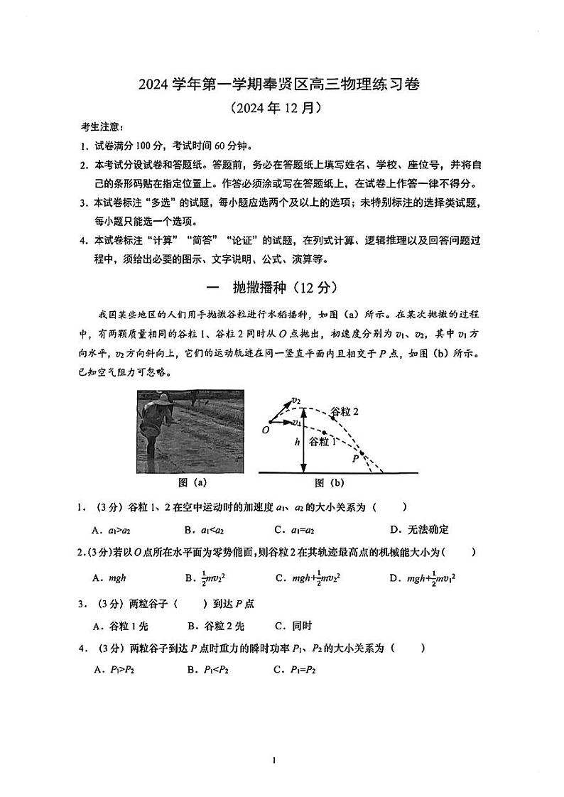 2025届上海市奉贤区高三一模物理试卷和含参考答案第1页