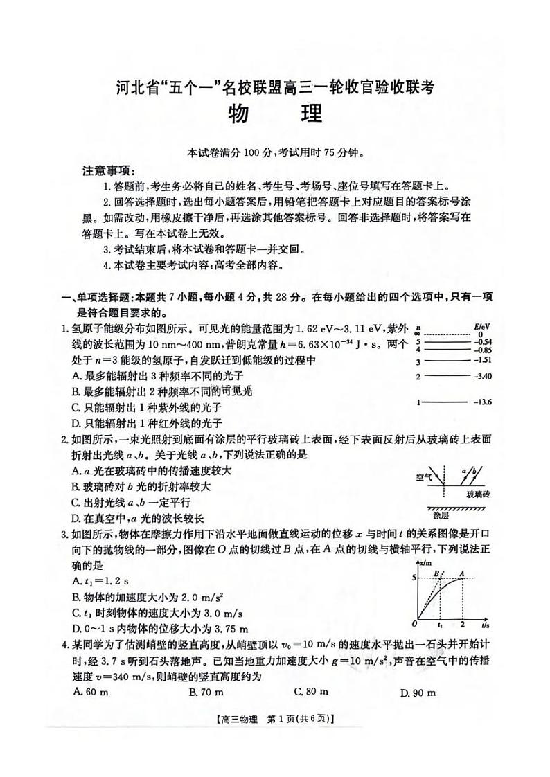 物理丨河北省五个一名校联盟2025届高三1月一轮收官验收联考物理试卷及答案第1页