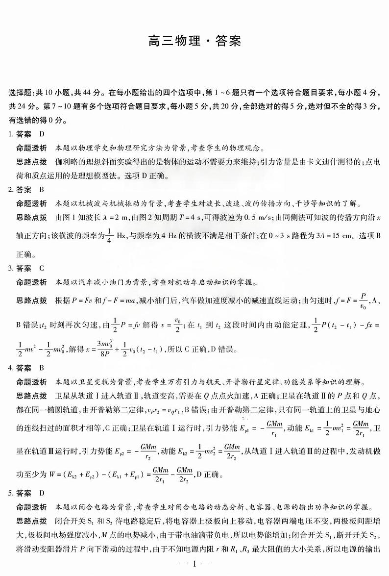 2025湖南省天一大联考物理答案第1页