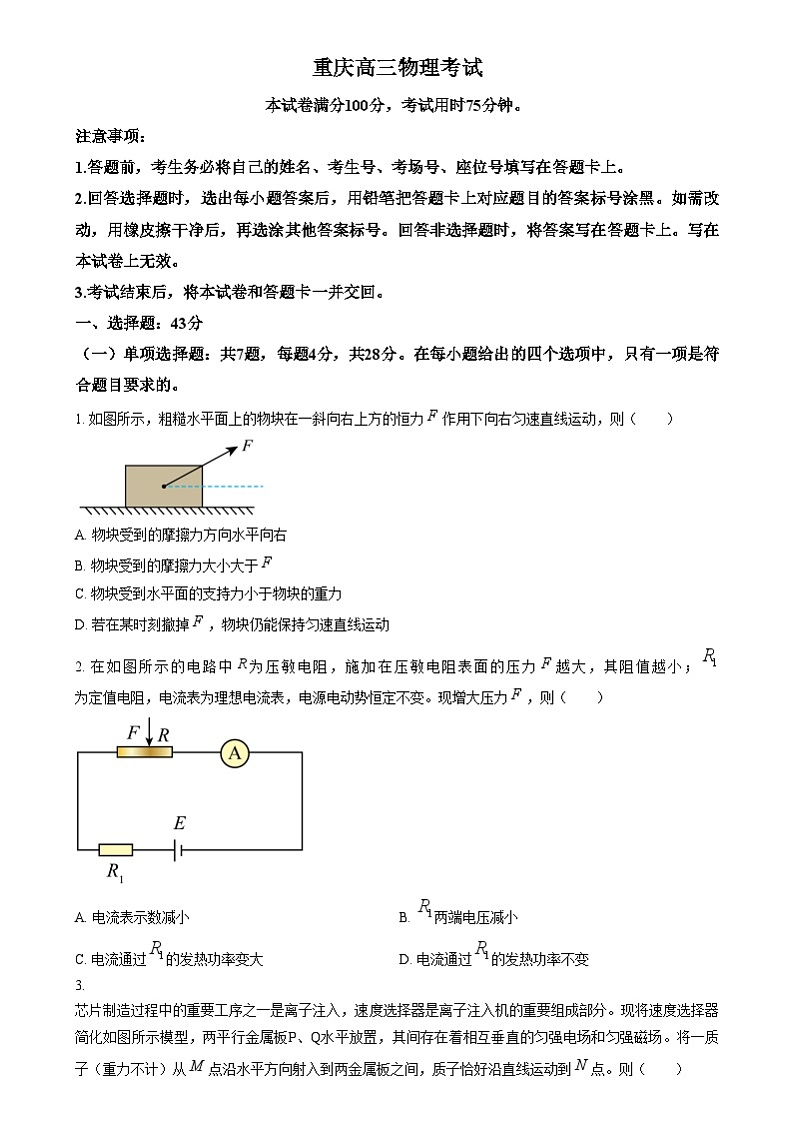 重庆市部分学校2025届高三上学期12月大联考物理试卷 Word版无答案第1页
