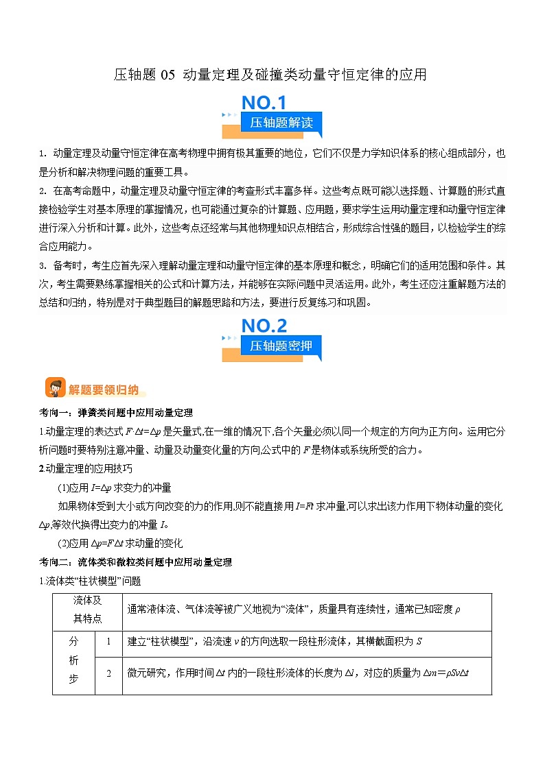 2025年新高考物理压轴题专项训练05 动量定理及碰撞类动量守恒定律的应用（Word版附解析）第1页