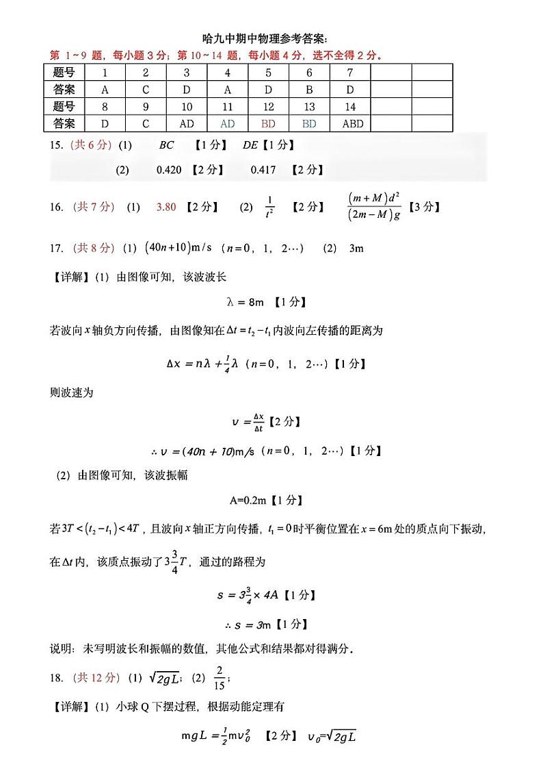 哈九中期中物理参考答案第1页