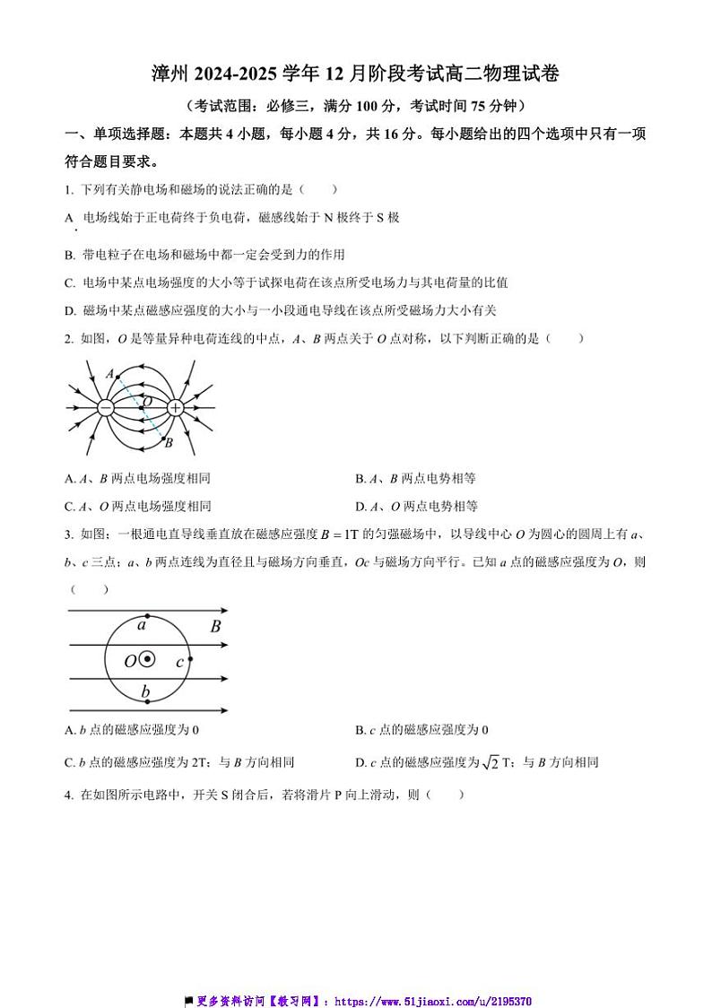 2024～2025学年福建省漳州市高二(上)12月阶月考物理试卷(含答案)第1页