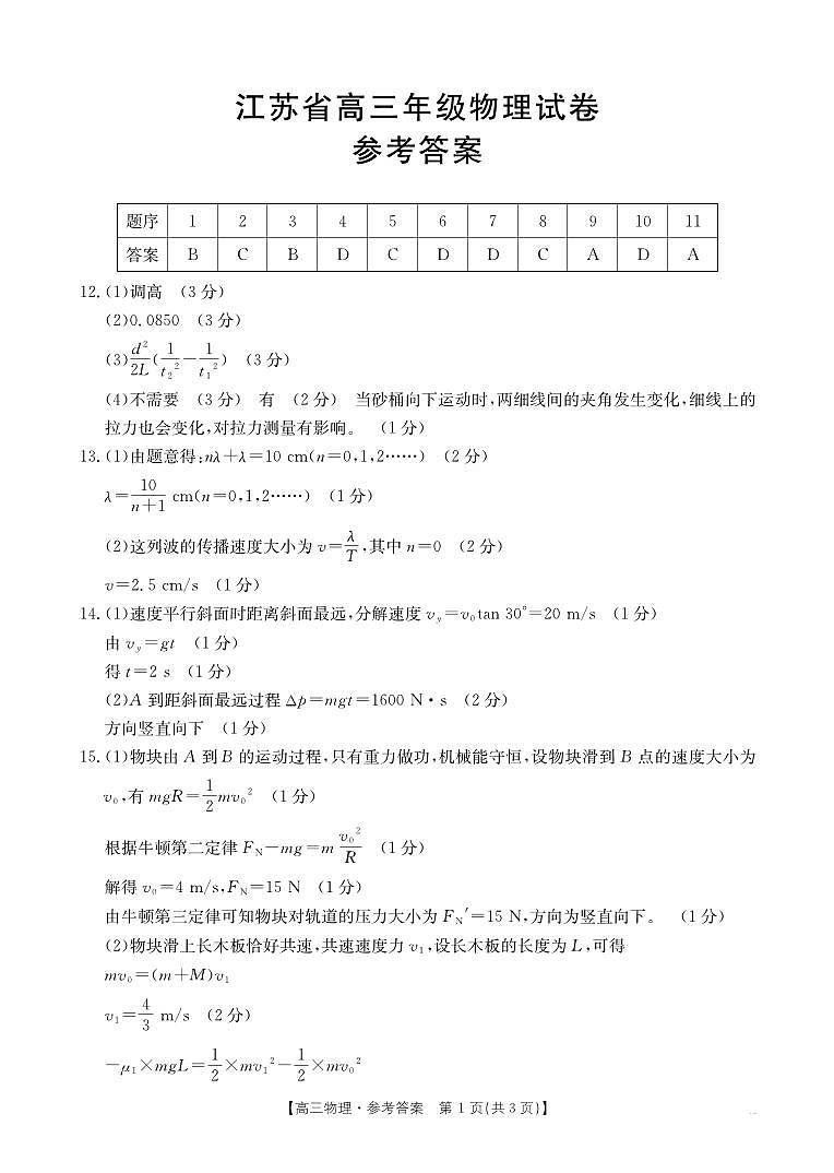【江苏卷】江苏省部分学校2024年12月金太阳百校联考（金太阳25-226C）（12.11-12.12）               物理试卷答案第1页