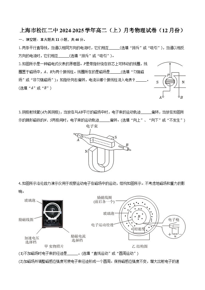 上海市松江二中2024-2025学年高二（上）月考物理试卷（12月份）（含答案）第1页