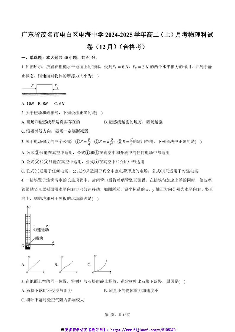 2024～2025学年广东省茂名市电白区电海中学高二上()月考物理科试卷(12月)(合格考)(含答案)第1页