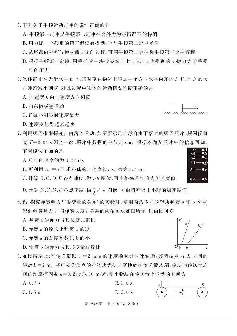 北京市东城区2024-2025学年度第一学期期末统一检测  高一物理试卷及答案第2页