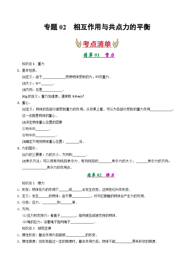 专题02 相互作用与共点力的平衡（考点清单）（原卷版）第1页