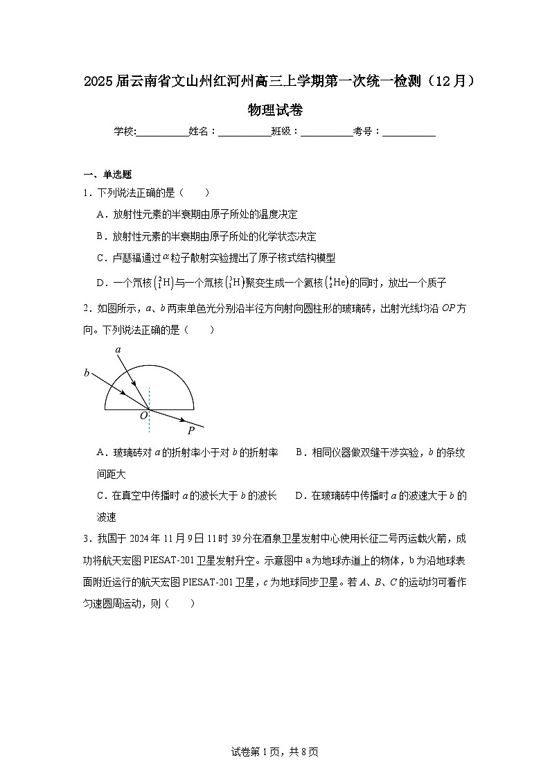 2025届云南省文山州红河州高三上学期第一次统一检测（12月）物理试卷第1页
